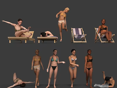 Group Of Women In Bikinis With Various Poses And Beach Chairs 3d model