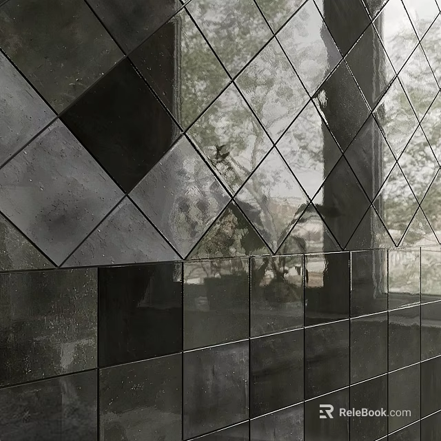 Contemporary Black Wall Design With Diamond Pattern Reflective Tile And Texture 3d model