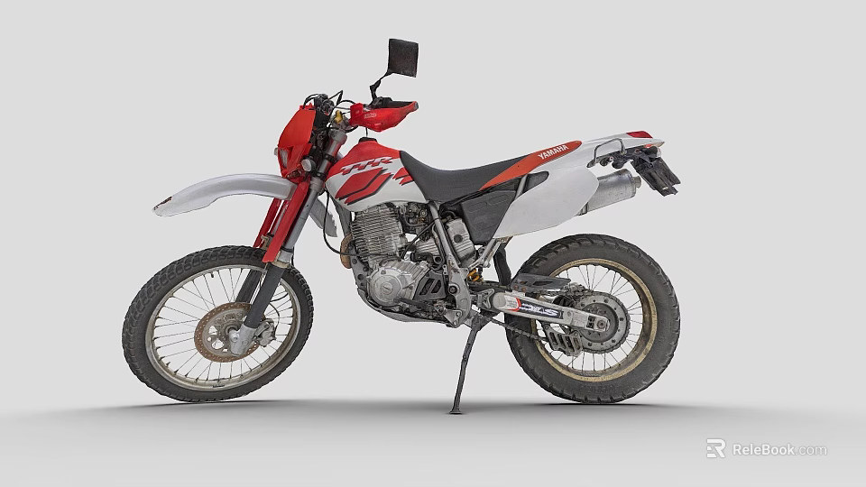 Red And White Off Road Motorcycle With Rugged Design Large Tires And Black Seat 3d model 