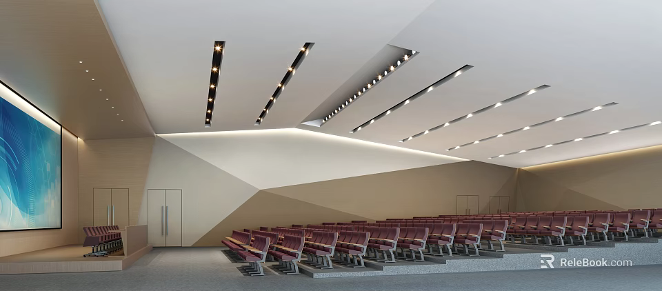 Modern Conference Room Interior With Tiered Red Seats Geometric Wall and Recessed Lighting 3d model 