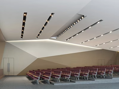 Modern Conference Room Interior With Tiered Red Seats Geometric Wall and Recessed Lighting 3d model