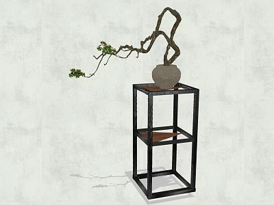 Artistic Bonsai Plant with Curved Branches Green Leaves and Small Flowers on Black Decorative Stand 3d model