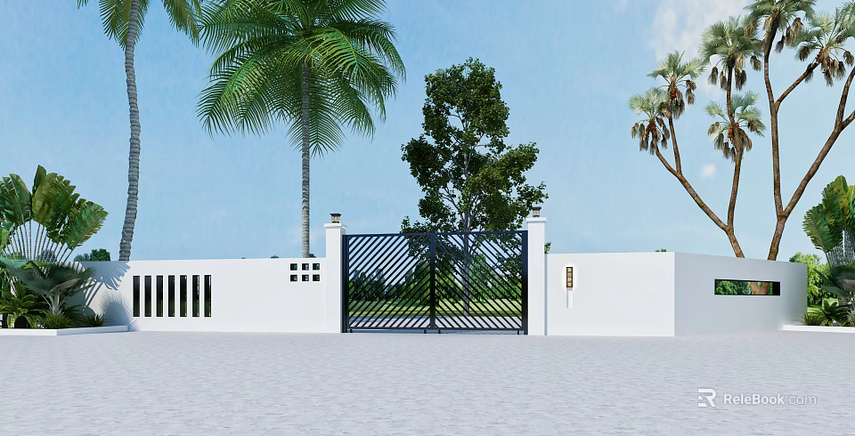 Boutique Villa Exterior Featuring White Walls Black Metal Gate Palm Trees And Gray Tiled Courtyard 3d model 