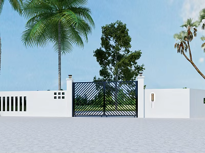 Boutique Villa Exterior Featuring White Walls Black Metal Gate Palm Trees And Gray Tiled Courtyard 3d model