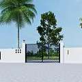 Boutique Villa Exterior Featuring White Walls Black Metal Gate Palm Trees And Gray Tiled Courtyard