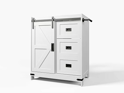 White Barn Door Storage Cabinet With Three Drawers And Modern Design 3d model