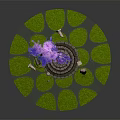 Small Garden Landscape Design With Circular Stone Platform Red Fountain And Purple Flowering Tree