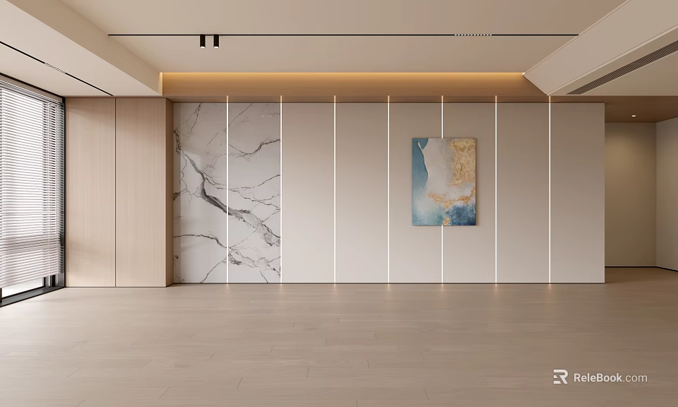 Modern Living Room Interior With Marble Accent Wall Artwork And Wooden Floor 3d model 