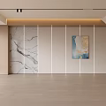 Modern Living Room Interior With Marble Accent Wall Artwork And Wooden Floor