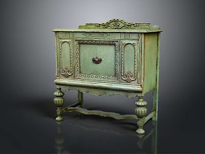 Vintage Entryway Console Cabinet In Light Green With Carved Details And Red Handle 3d model