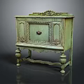 Vintage Entryway Console Cabinet In Light Green With Carved Details And Red Handle
