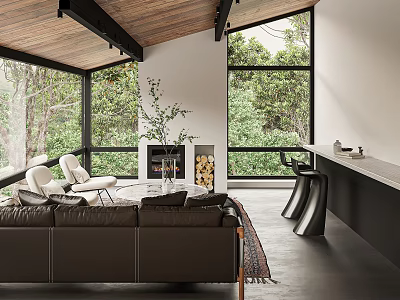 Modern Living Room With Brown Leather Sofa Large Windows Forest View Wooden Ceiling And Fireplace 3d model