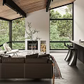 Modern Living Room With Brown Leather Sofa Large Windows Forest View Wooden Ceiling And Fireplace
