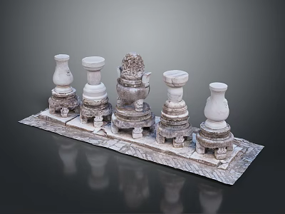 Scenic Garden Landscape With Five Different White Marble Stone Carving Base Ornaments 3d model
