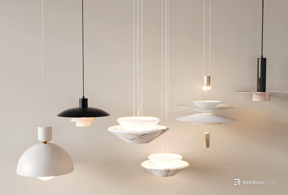 Modern Pendant Lights With Various Black White Designs Marble Ceramic Shades And Dome Bowl Shapes 3d model 
