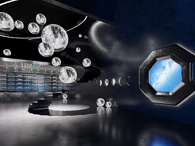 Futuristic Space With Floating Moon Spheres Data Center Racks And Hexagonal Starry Window 3d model