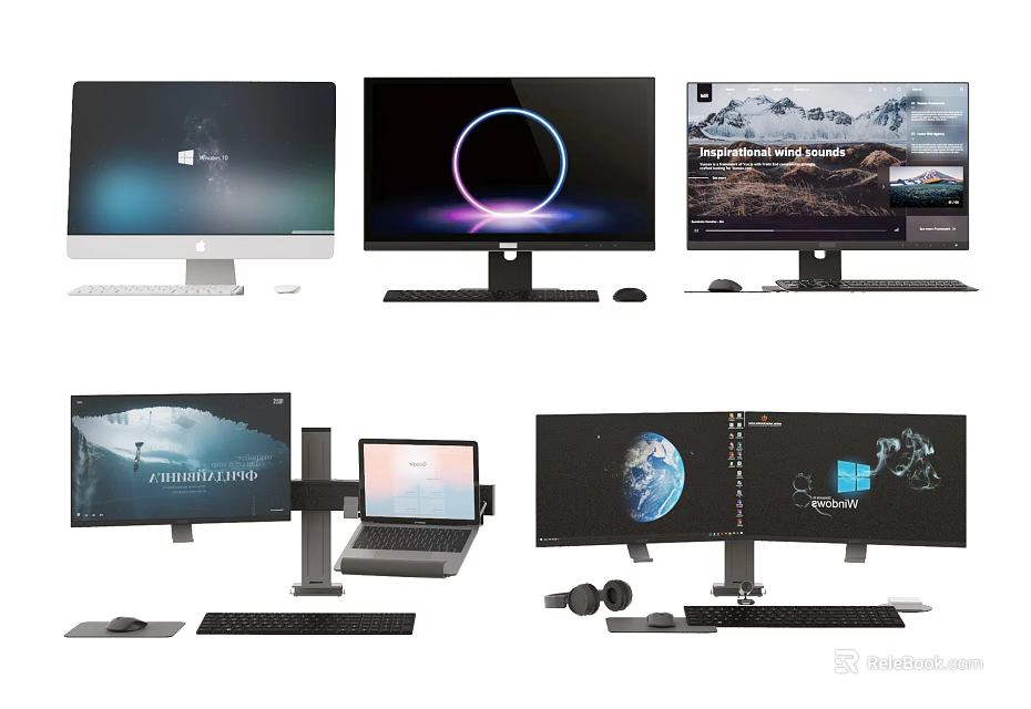 Modern Computer Desktop Setup With Multiple Monitors Laptop Keyboard And Mouse 3d model 