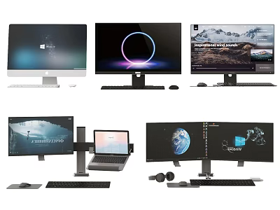 Modern Computer Desktop Setup With Multiple Monitors Laptop Keyboard And Mouse 3d model