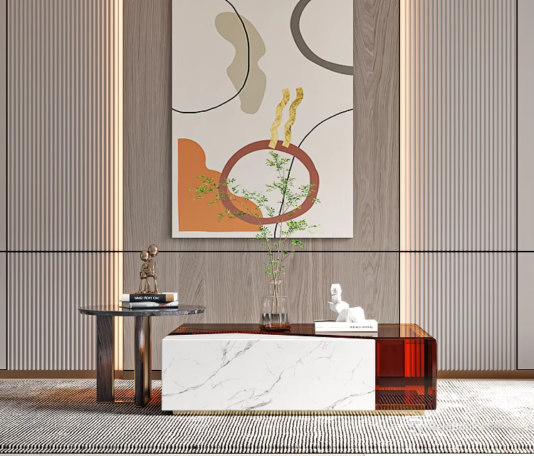 Modern Coffee Table With Marble Surface Decorative Vase And Side Table By Artwork Wall 3d model