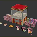 Red And Yellow Popcorn Machine With Paper Buckets And Scattered Kernels 3d model