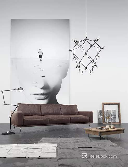 Modern Brown Leather Three-Seater Sofa With Geometric Chandelier And Wall Art 3d model 