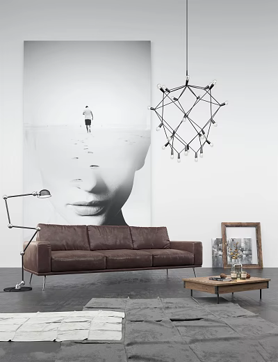 Modern Brown Leather Three-Seater Sofa With Geometric Chandelier And Wall Art 3d model