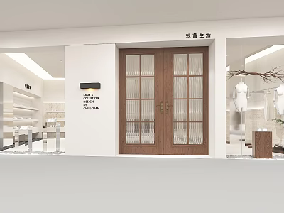 Modern Clothing Store With Glass Door Wooden Frame White Walls Clothing Racks And Display Shelves 3d model
