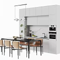 Modern Kitchen Dining Table Set With Black Table Beige Chairs White Cabinets And Pendant Lights 3d model