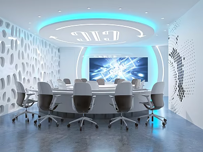 Modern Conference Room Featuring Round Table Ergonomic Chairs Digital Display Screen And Perforated Wall 3d model