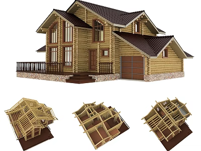 Wooden Detached Villa With Dark Roof Garage Porch Steps And Construction Frames 3d model
