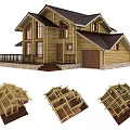 Wooden Detached Villa With Dark Roof Garage Porch Steps And Construction Frames