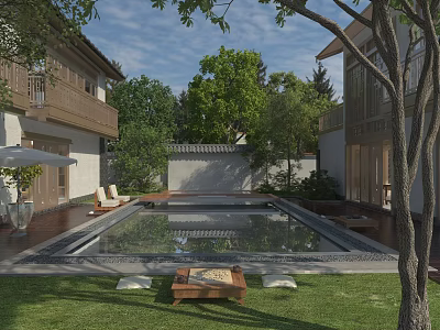 Traditional Chinese Garden Landscape With Reflecting Pool Lush Trees And Lawn Area 3d model