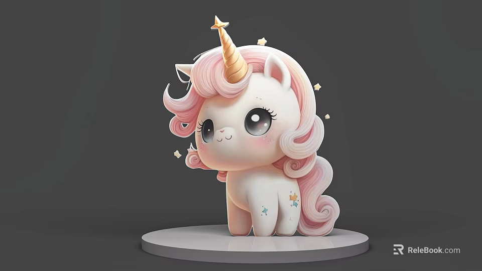 Cute Unicorn Doll With Pink Curly Hair Golden Horn And Stars On White Base 3d model 