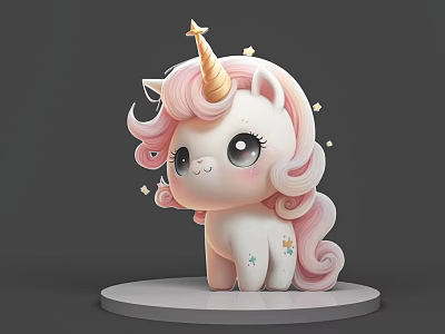 Cute Unicorn Doll With Pink Curly Hair Golden Horn And Stars On White Base 3d model