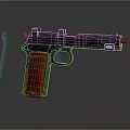 Vintage Pistol With Red Textured Grip And Separate Magazine On Dark Reflective Background