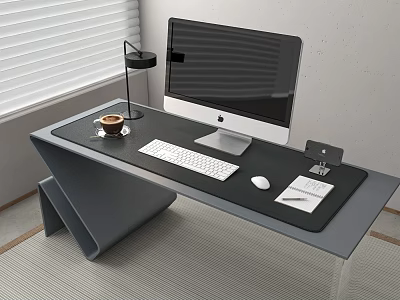 Modern Minimalist Computer Desk Setup With Apple Monitor Keyboard Mouse Coffee Cup Lamp and Blinds 3d model