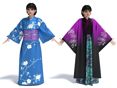 Traditional Kimonos With Colorful Floral Patterns 3d model