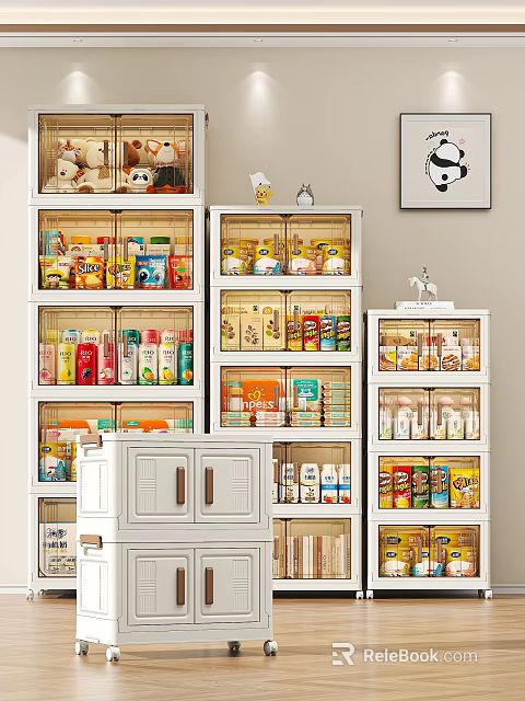 Multi Layer White Storage Cabinet Racks With Clear Containers For Organized Pantry Items 3d model