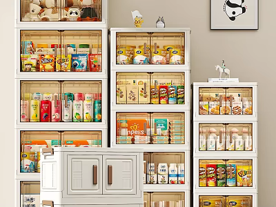 Multi Layer White Storage Cabinet Racks With Clear Containers For Organized Pantry Items 3d model
