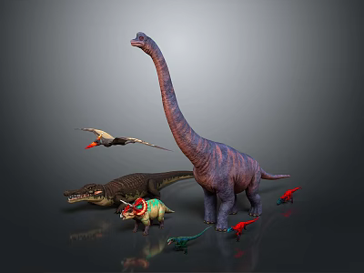 Group of Prehistoric Dinosaurs Featuring Long Necked Pterosaur Triceratops and Small Species 3d model