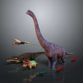 Group of Prehistoric Dinosaurs Featuring Long Necked Pterosaur Triceratops and Small Species