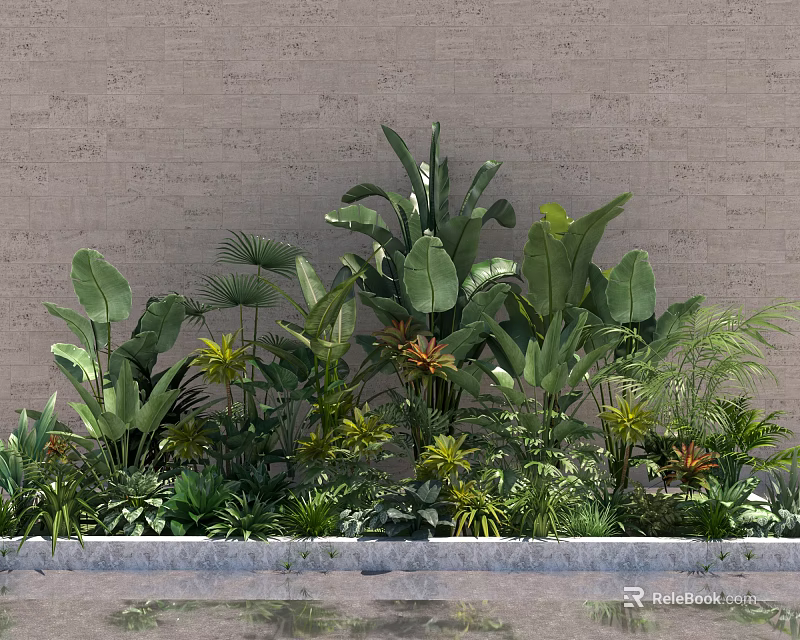 Lush Green Shrubs With Diverse Leafy Plants Against Textured Wall Background 3d model 