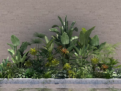Lush Green Shrubs With Diverse Leafy Plants Against Textured Wall Background 3d model