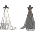 Two Elegant White Lace Long Wedding Dresses On Mannequins Against Black Background