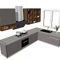 Modern Kitchen Interior Featuring L Shaped Gray Countertop Cabinets Open Shelves And Window 3d model