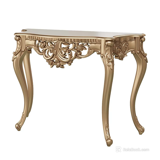 Golden Ornate Decorative Table With Intricate Carvings And Curved Legs Design 3d model 