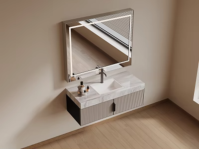 Modern Wall Mounted Bathroom Vanity Cabinet With Marble Countertop And Lighted Mirror 3d model