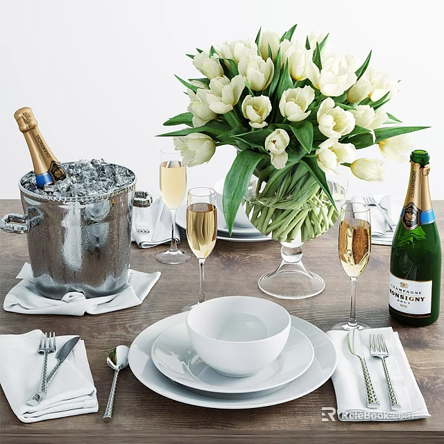 Elegant Dinnerware Set with White Bowls Plates Cutlery White Tulip Bouquet Champagne Bucket Glasses 3d model 