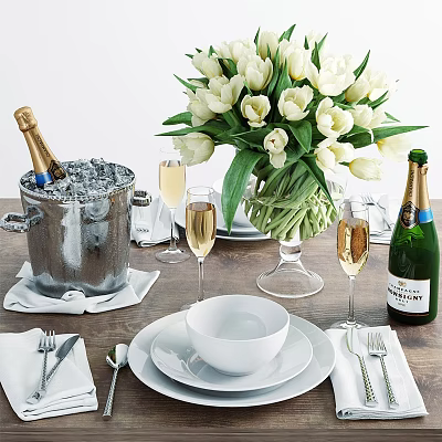 Elegant Dinnerware Set with White Bowls Plates Cutlery White Tulip Bouquet Champagne Bucket Glasses 3d model