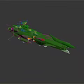 Green Sci Fi Spaceship Model Featuring Sharp Bow And Protruding Red Yellow Components 3d model